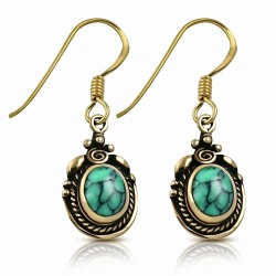 Boucles d'oreilles à crochet en forme de lunette en bronze avec fleur turquoise (paire)