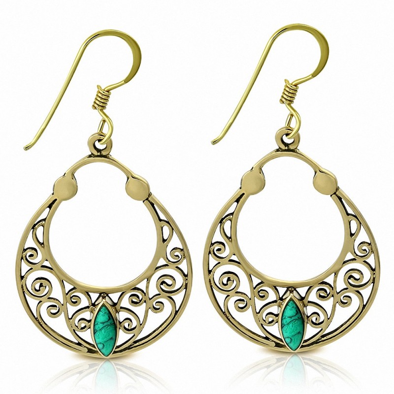 Boucles d'oreilles avec crochet en forme de sac à main en spirale en filigrane bronze à la mode avec turquoise (paire)