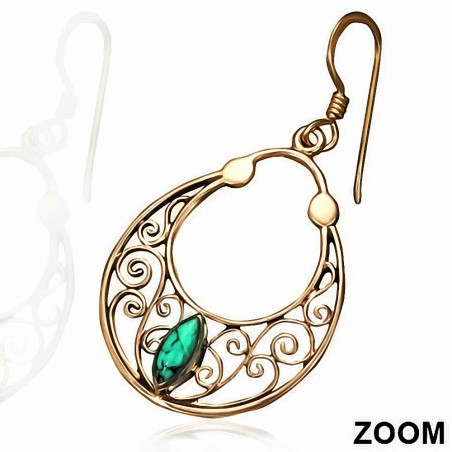Boucles d'oreilles avec crochet en forme de sac à main en spirale en filigrane bronze à la mode avec turquoise (paire)