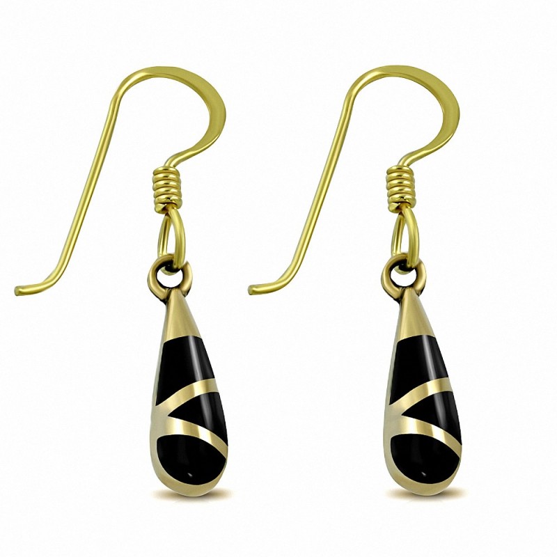 Boucles d'oreilles crochet en forme de larme en bronze  onyx noir (paire)