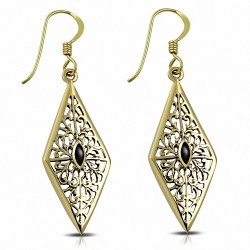 Boucles d'oreilles crochet en forme de diamant en filigrane à la mode bronze avec onyx noir (paire)