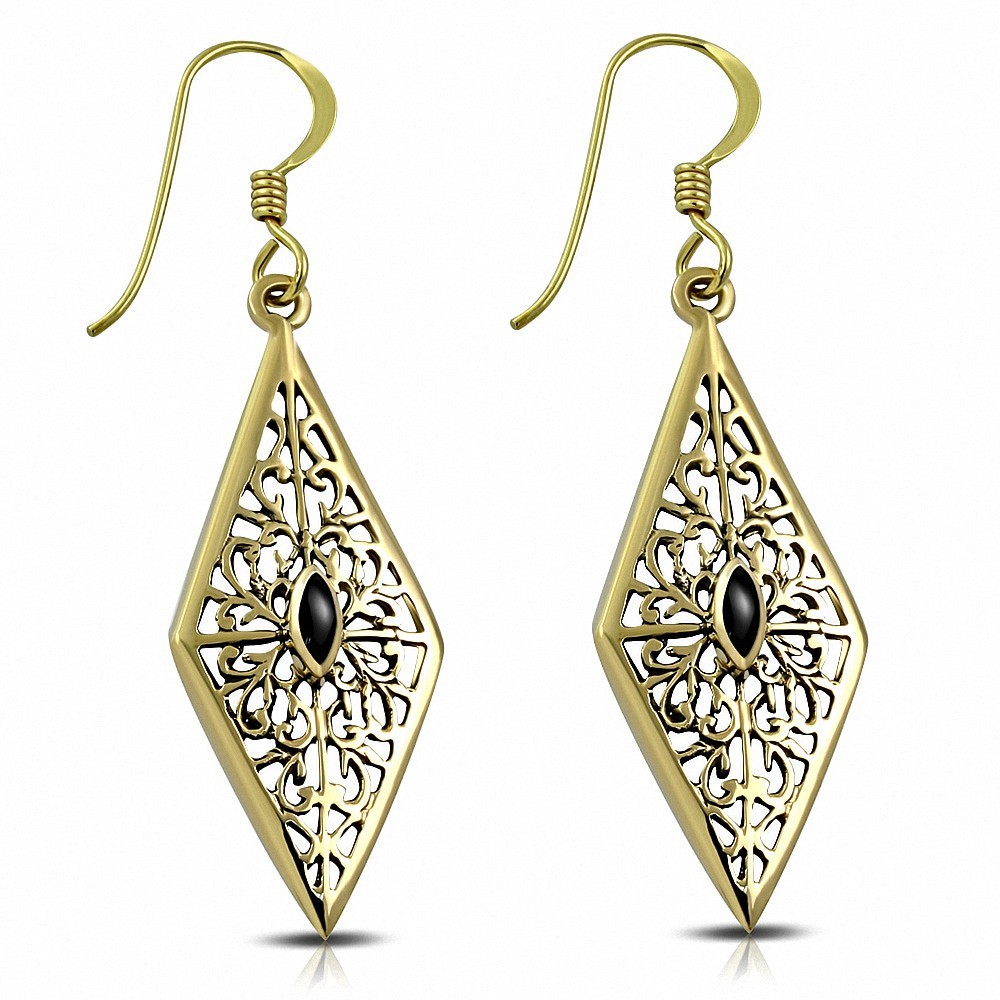 Boucles d'oreilles crochet en forme de diamant en filigrane à la mode bronze avec onyx noir (paire)