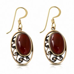 Boucles d'oreilles à crochet fantaisie en forme de fleur ovale en bronze avec agate rouge (paire)