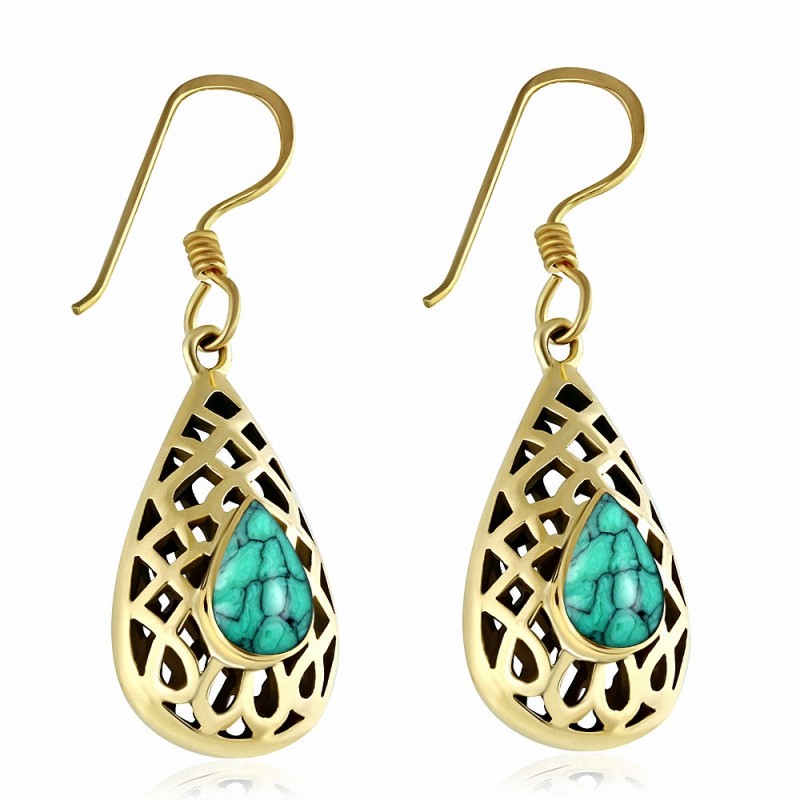 Boucles d'oreilles crochet en forme de larme en bronze avec pierre turquoise (paire)