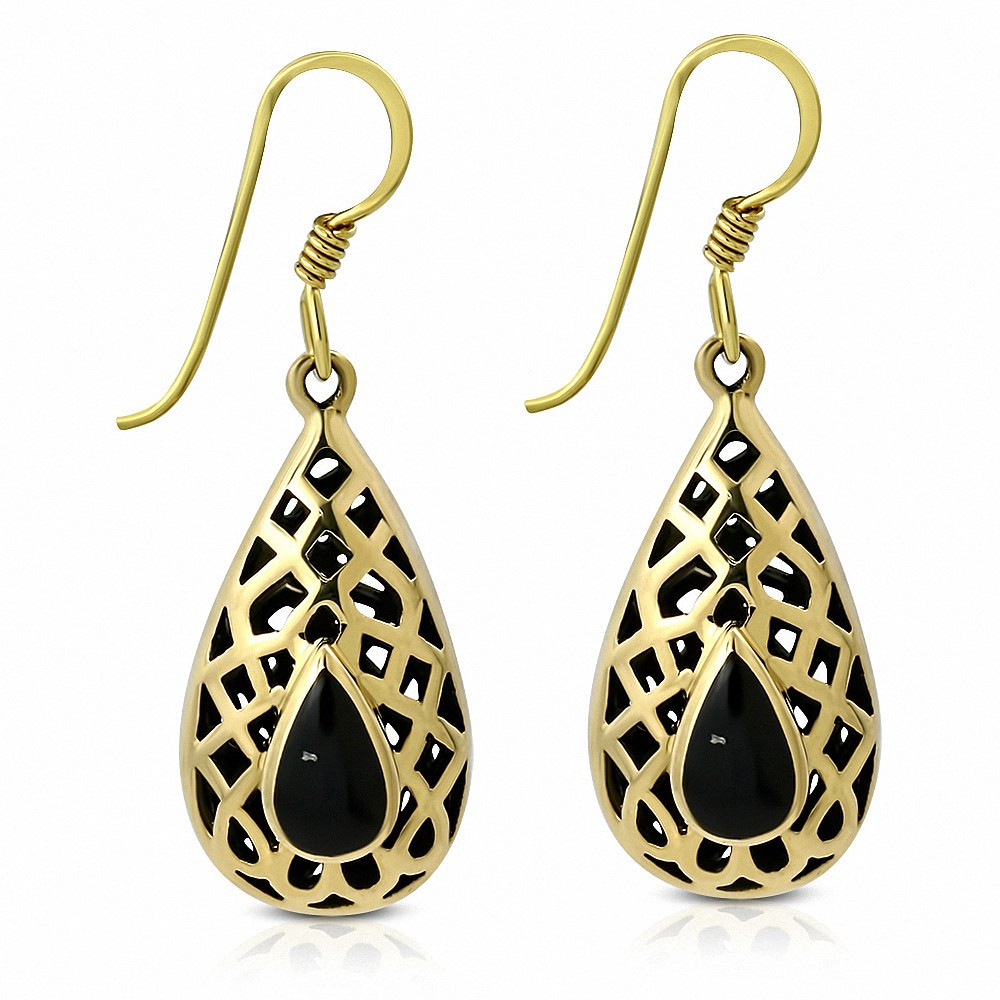 Boucles d'oreilles crochet en forme de larme en bronze avec onyx noir (paire)