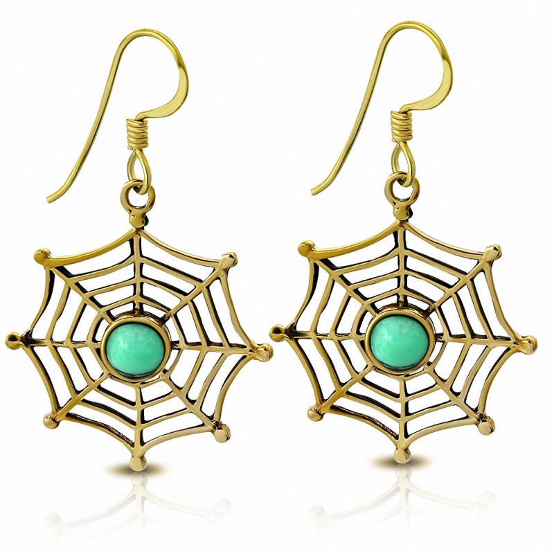 Boucles d'oreilles à crochet ajourées à la mode en bronze avec pierre turquoise (paire)