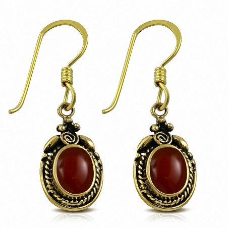 Boucles d'oreilles crochet en forme de fleur ovale en bronze avec agate rouge (paire)