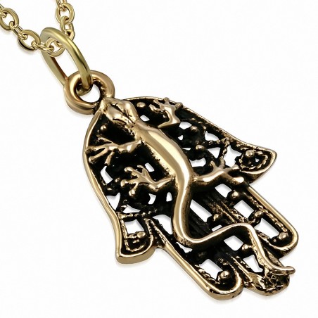 Pendentif à la main en filigrane Hamsa en forme de lézard chanceux à la mode Bronze