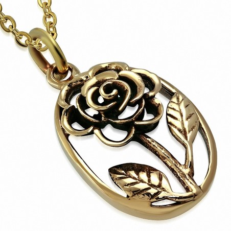 Pendentif ovale à la mode en forme de fleur de rose découpée en bronze