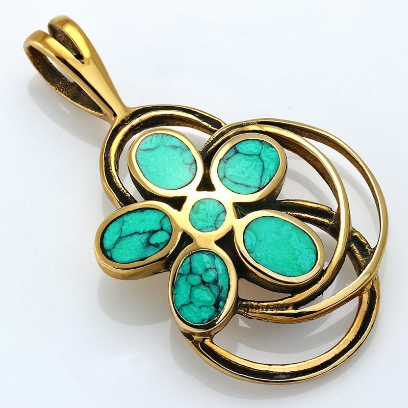 Pendentif fantaisie avec motif de fleurs en bronze et pierres turquoises