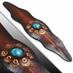 Bracelet manchette en forme de fleur avec logo Sun gravé en cuir marron et pierre turquoise