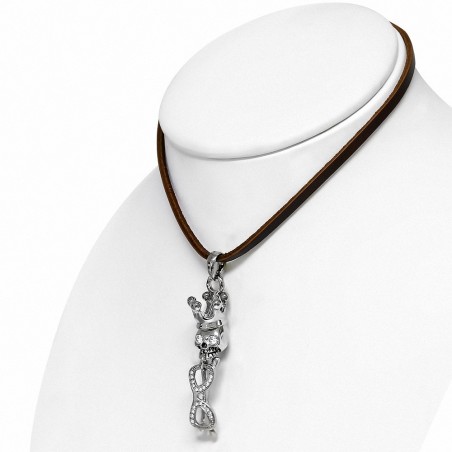 Lunettes de soleil fantaisie en alliage fantaisie 2 tons avec couronne de crâne bracelet de motard en cuir marron clair avec CZ