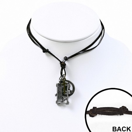 Alliage de mode 3-ton clou marteau tag pièce croix anneau charm réglable noir véritable collier de motard en cuir