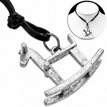 Alliage de mode cheval à bascule 2 tons charm réglable noir véritable motard en cuir collier