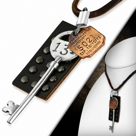 Alliage de mode 3-ton rangée de clous rond Tag Key Charm Brown en cuir véritable Biker Collier