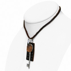 Alliage de mode 3-ton rangée de clous rond Tag Key Charm Brown en cuir véritable Biker Collier