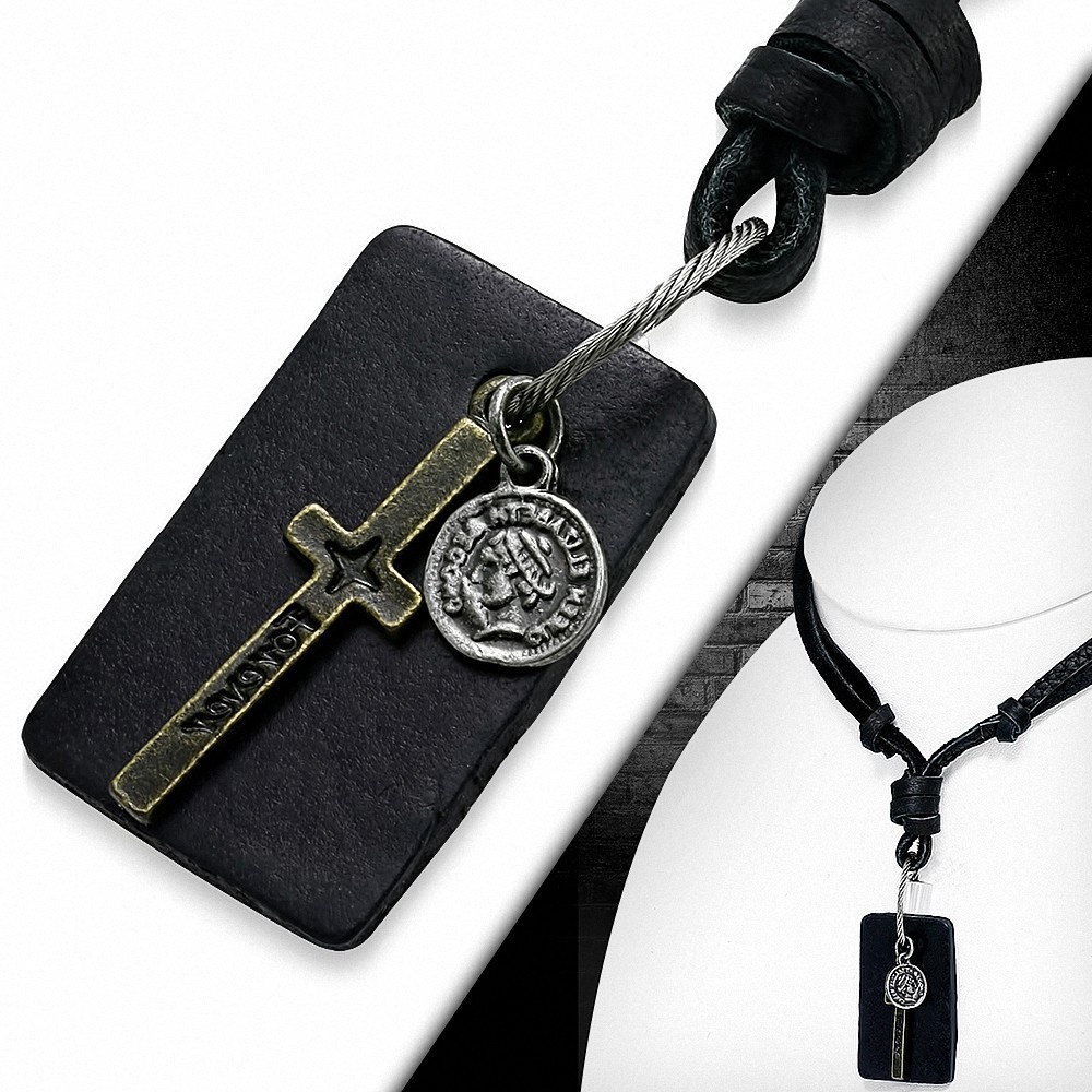 Alliage de mode 2-ton étoile croix latine pièce tag charm réglable noir collier en cuir véritable motard en cuir