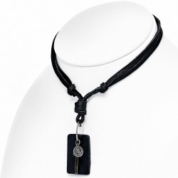 Alliage de mode 2-ton étoile croix latine pièce tag charm réglable noir collier en cuir véritable motard en cuir