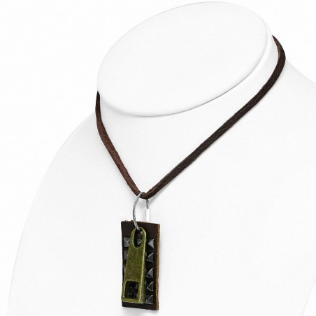 Alliage de mode 3-ton rangée d'étiquette de clous de pyramide Zip Charm Brown véritable collier de motard en cuir