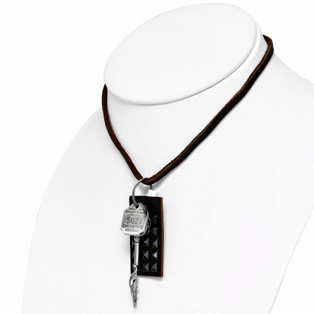 Alliage de mode 2-ton rangée de pyramide clous tag chat clé charm brun cuir véritable motard collier
