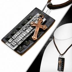 Alliage de mode 3-ton rangée de clous de pyramide croix tag charm brun en cuir véritable collier de motard en cuir