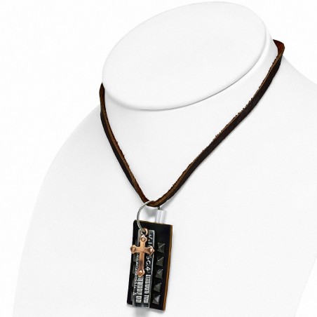 Alliage de mode 3-ton rangée de clous de pyramide croix tag charm brun en cuir véritable collier de motard en cuir