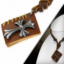 Alliage Fashion avec 3 tons de De Fleur De Lis Cross livre ouvert-capable Collier réglable en cuir brun