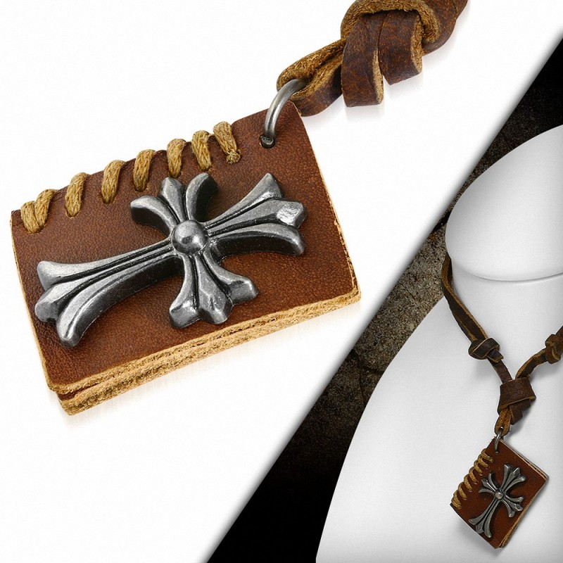 Alliage Fashion avec 3 tons de De Fleur De Lis Cross livre ouvert-capable Collier réglable en cuir brun