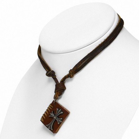 Alliage Fashion avec 3 tons de De Fleur De Lis Cross livre ouvert-capable Collier réglable en cuir brun
