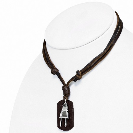 Alliage de mode alliage 3 tons étiquette de prise de courant électrique Charm réglable collier de motard en cuir véritable brun