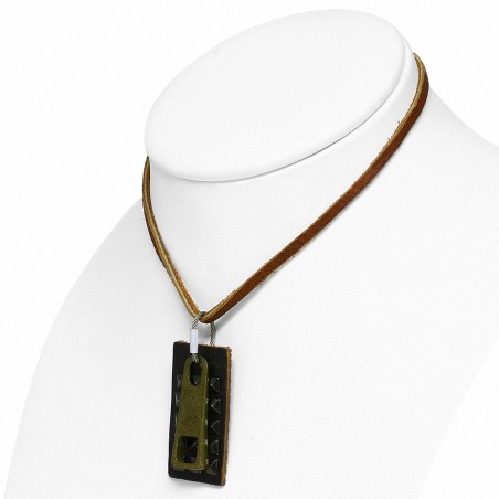 Alliage de mode rangée de pyramide clous Tag Zip Charm Brown véritable collier en cuir