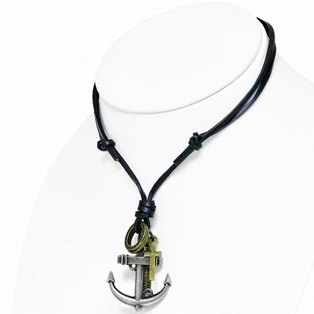 Alliage de mode 3-ton marine ancre croix tag anneau charm réglable noir véritable collier de motard en cuir