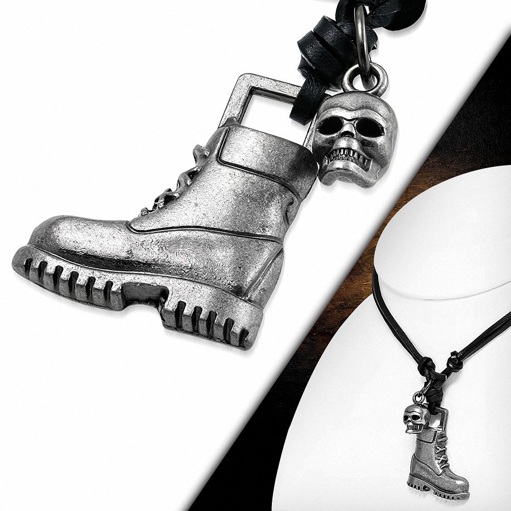 Alliage de mode 2-ton botte de cox boy crâne charm réglable noir collier de motard en cuir véritable cuir