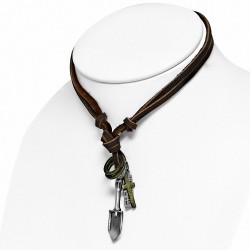Alliage de mode 3 tons ton anneau pelle outil tag charm réglable brun véritable motard en cuir collier