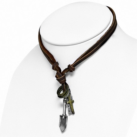 Alliage de mode 3 tons ton anneau pelle outil tag charm réglable brun véritable motard en cuir collier