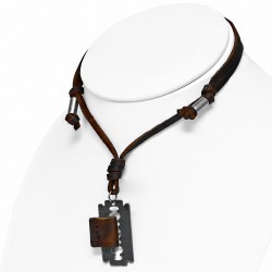 Alliage de mode 2 tons de lame de rasoir charm réglable brun véritable motard en cuir collier
