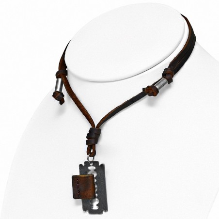 Alliage de mode 2 tons de lame de rasoir charm réglable brun véritable motard en cuir collier