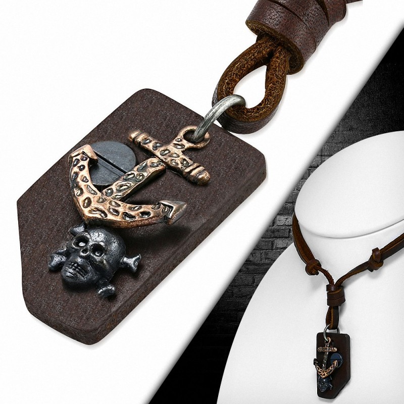 Alliage de mode 3 tons ton crâne pirate vis marine ancre tag charm réglable brun véritable motard en cuir collier