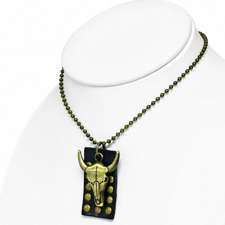 Alliage de mode 2 tons  collier chaîne de lien militaire en cuir noir véritable