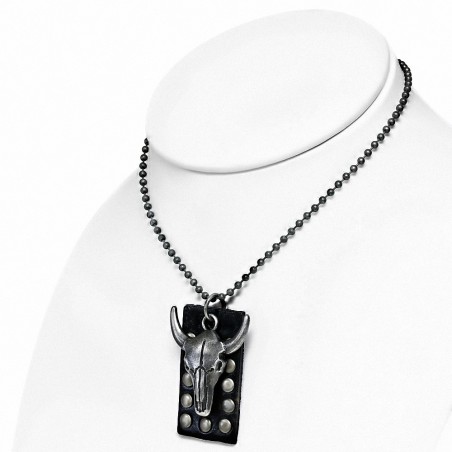 Alliage de mode taureau / buffalo 2 tons tag en cuir véritable charm boule militaire lien chaîne collier