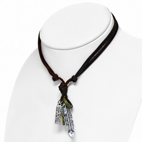 Alliage de mode 3 tons antique plume vintage oiseau / feuille de crâne croix anneau tag charm réglable motard cuir collier