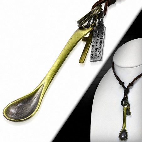 Alliage de mode 3 cuillère bébé grande cuillère croix anneau tag charm réglable brun collier en cuir véritable
