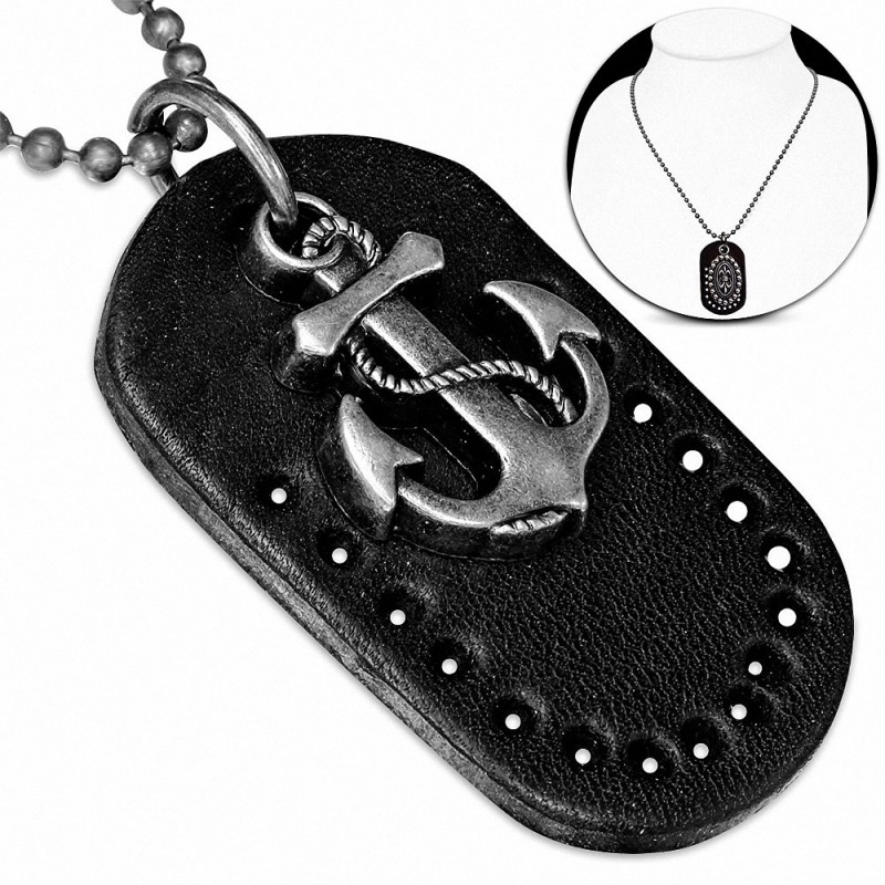 Collier en alliage de mode Biker en alliage marin bicolore avec maillons de boule militaire en cuir noir