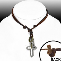 Alliage de mode 3-ton découpé maedival croix tag bagues charm réglable collier en cuir véritable marron