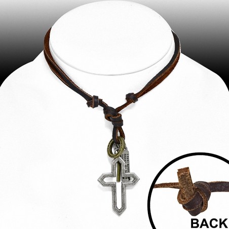 Alliage de mode 3-ton découpé maedival croix tag bagues charm réglable collier en cuir véritable marron
