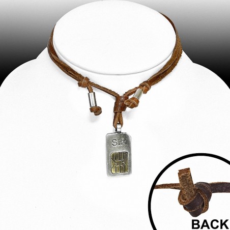 Alliage de mode alliage 3 tons 2 côtés Mobile Sim Cross Cross Charm réglable collier en cuir véritable brun