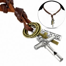 Alliage de mode 3-ton sifflet de sport cross tag sonne charm réglable collier en cuir véritable brun