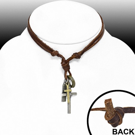 Alliage de mode 3-ton sifflet de sport cross tag sonne charm réglable collier en cuir véritable brun