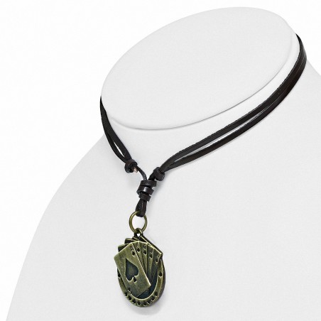 Collier en cuir marron réglable en alliage de mode avec costume de carte à jouer et tailleur de poker