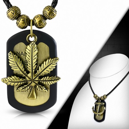 Alliage de mode alliage feuille de marijuana Ganja porte-nom breloque perles de Bali collier en cuir tressé noir